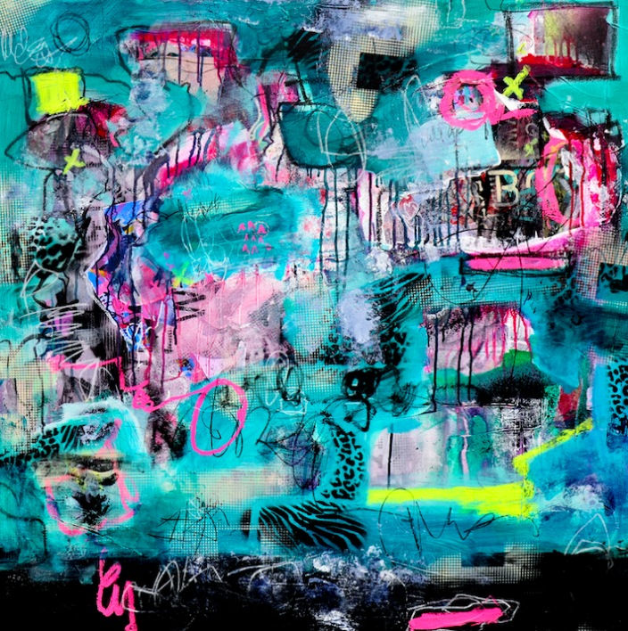 Abstract artwork titled ": I AM 'True Escape'" by Tiesha Harrison, featuring geometric shapes and the colors light blue, hot pink and bright green.