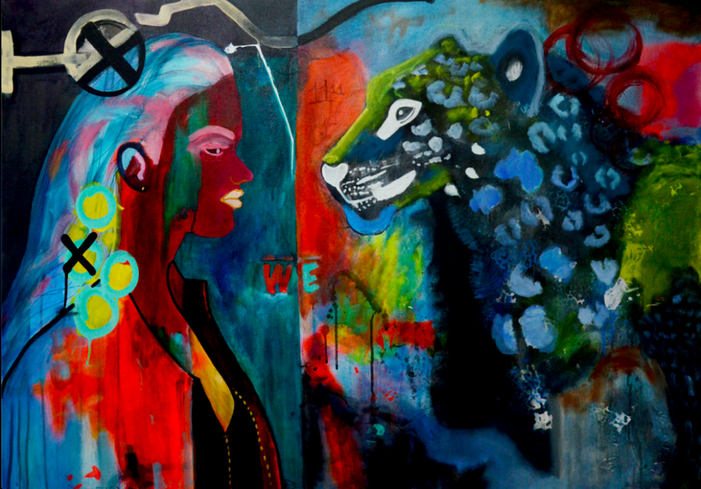 Abstract artwork titled "I AM 'Untranslatable Connection'” by Tiesha Harrison, featuring a woman in profile facing a leopard. 