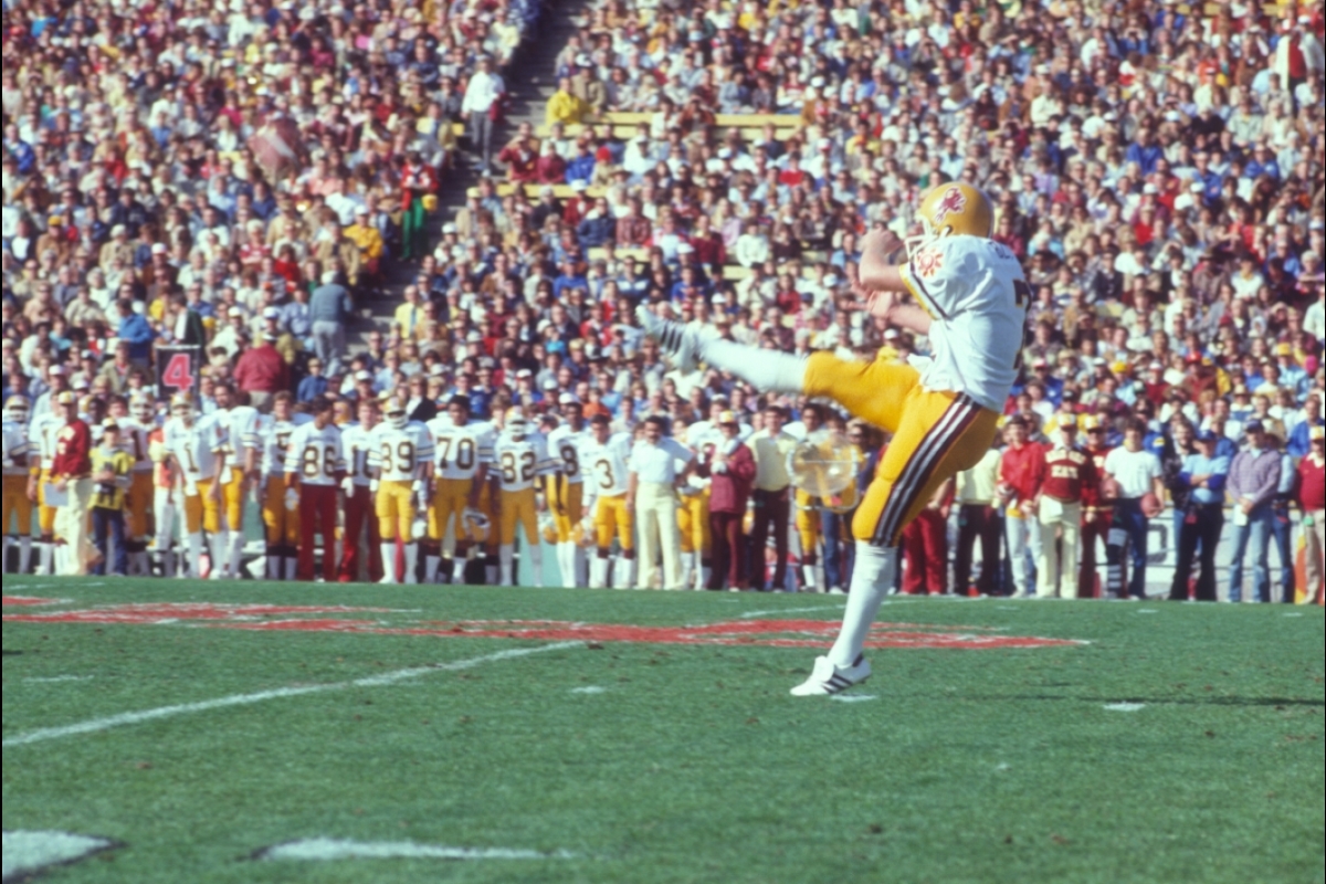 Punter Mike Black mid-kick during the ASU Sun Devil's Fiesta Bowl win in 1983.