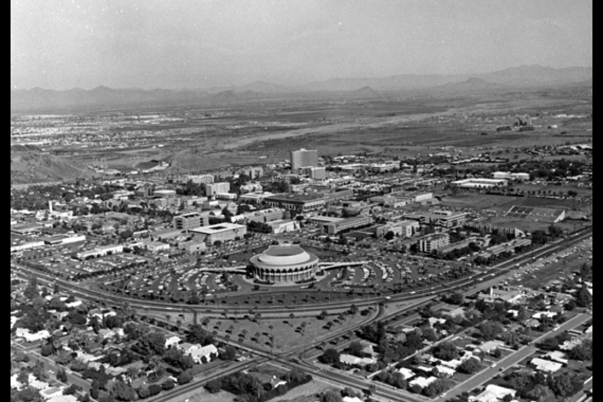 An aerial view of Sun Devil Stadium on the campus of Arizona State