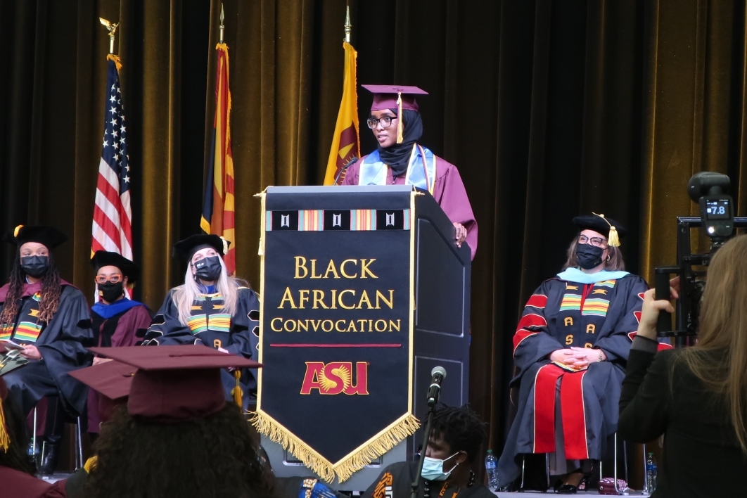 ASU graduate Maryam Abdulle addresses the Black African Convocation.