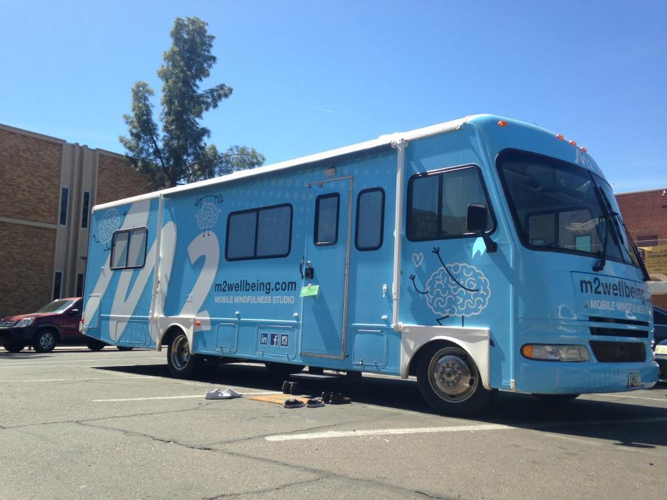 The M2 Mobile Mindfulness Studio, a light-blue RV-sized truck designed for meditation