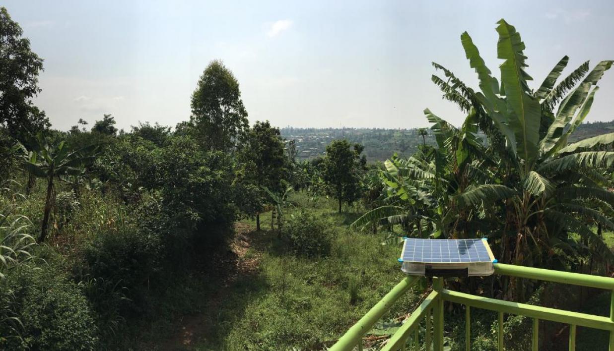 A SolarSPELL device recharges in the sun in Rwanda.