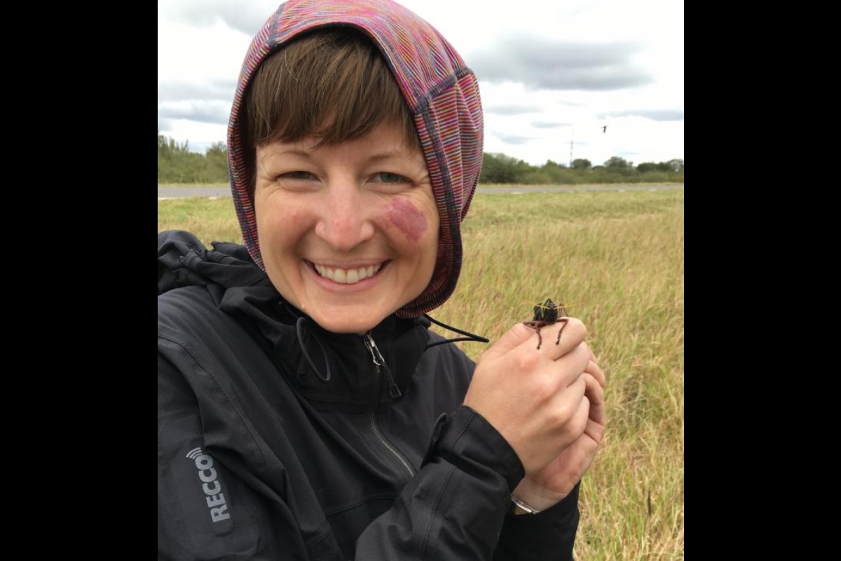 ASU scientist Arianne Cease holds a locust in Argentina