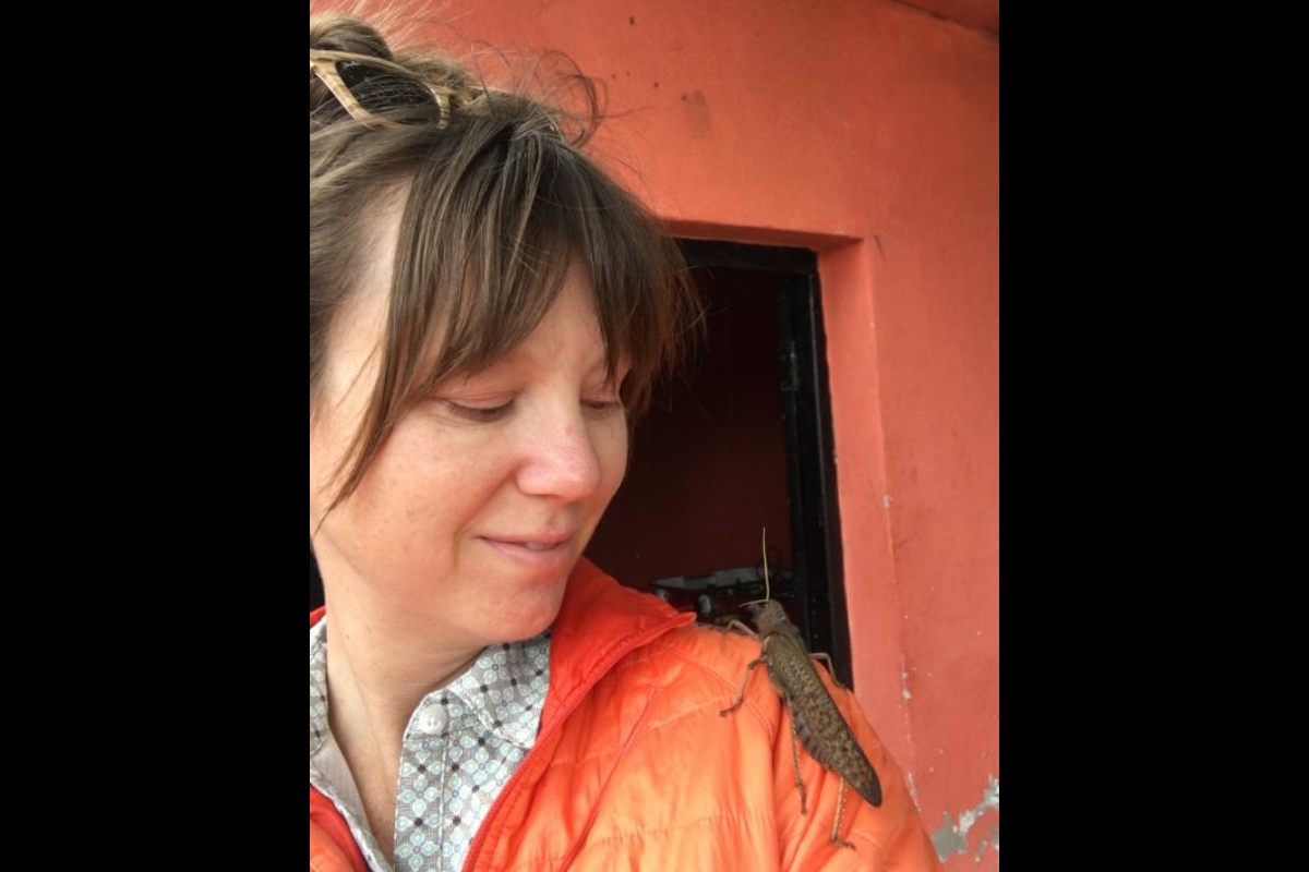 A large locust sits on a woman's shoulder