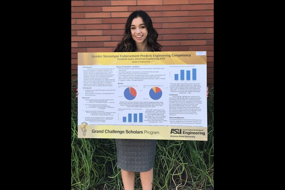 Elizabeth Jones holds a Grand Challenges Scholars Program poster that details her project about gender stereotypes affecting engineering competency in elementary school students.