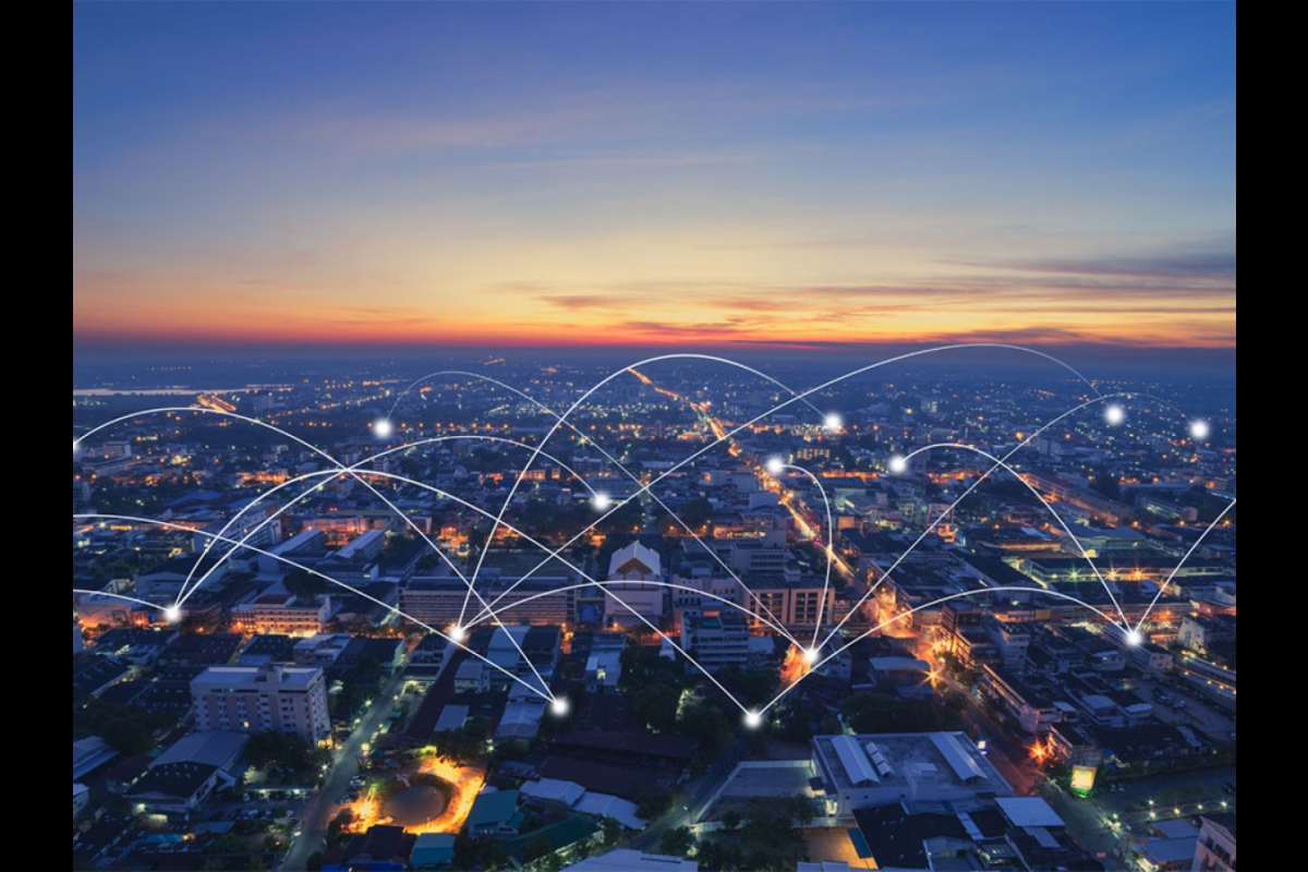 Photo illustration depicting internet connection across a city