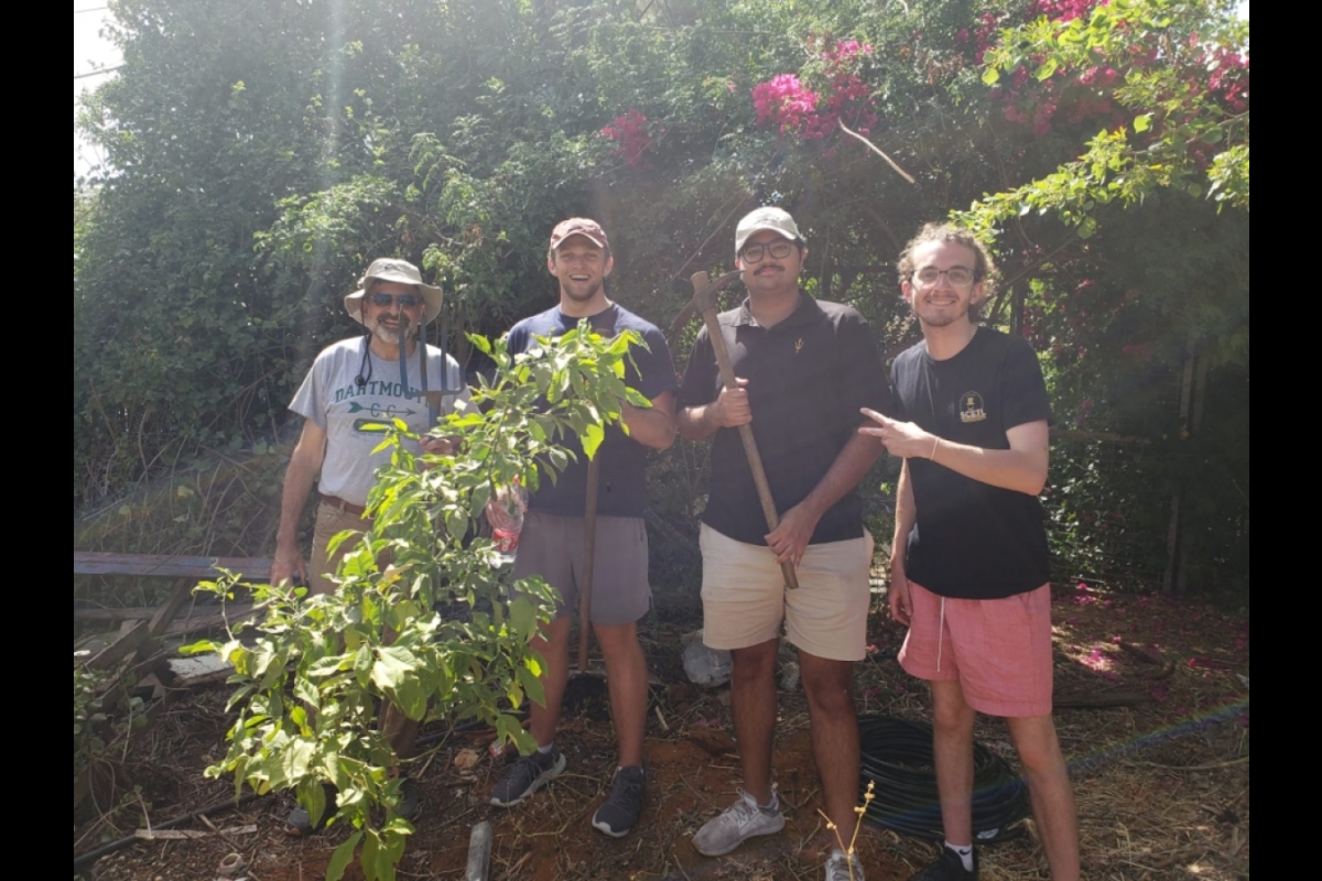 Planting a lemon tree at community garden in Tel Aviv suburbs. Professor Paul Carrese, Joe Pitts, Arjun Rondla, and Parker Faries are proud of their work.