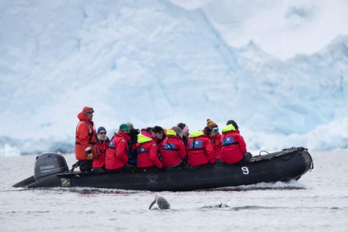 Group of ASU students on a zodiac boat in Antarctica
