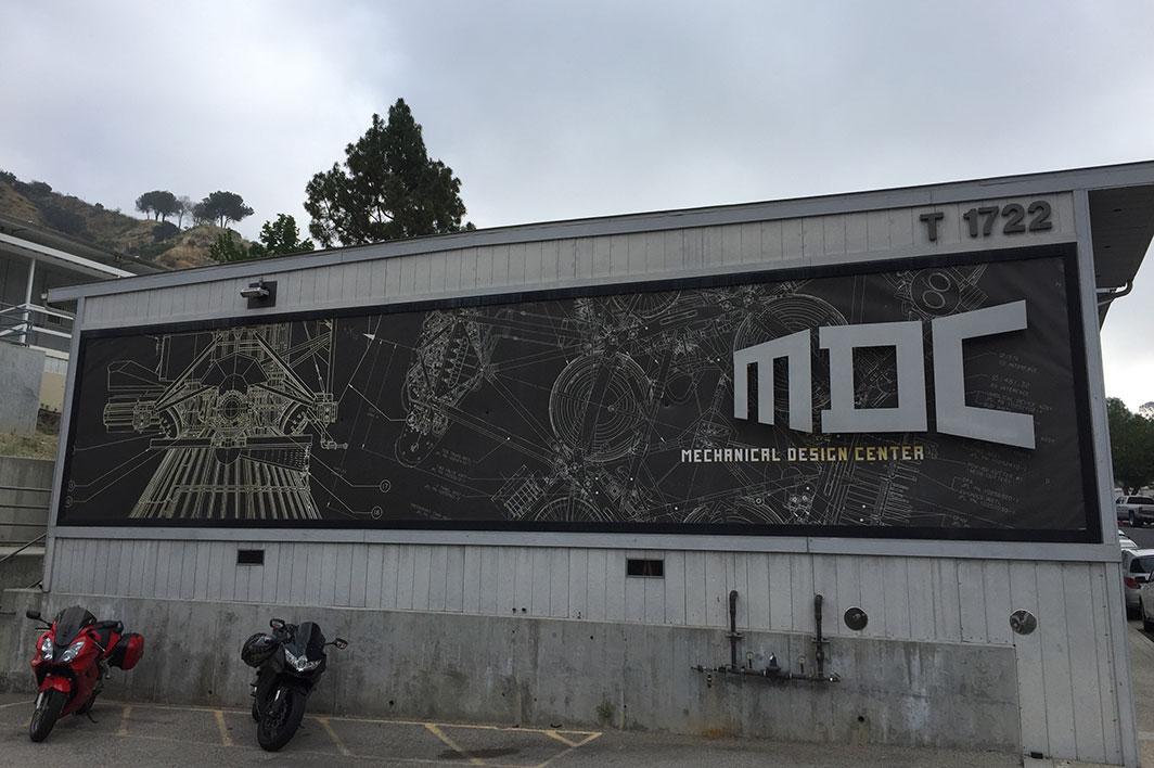 The artistic exterior of the Mechanical Design Center at JPL