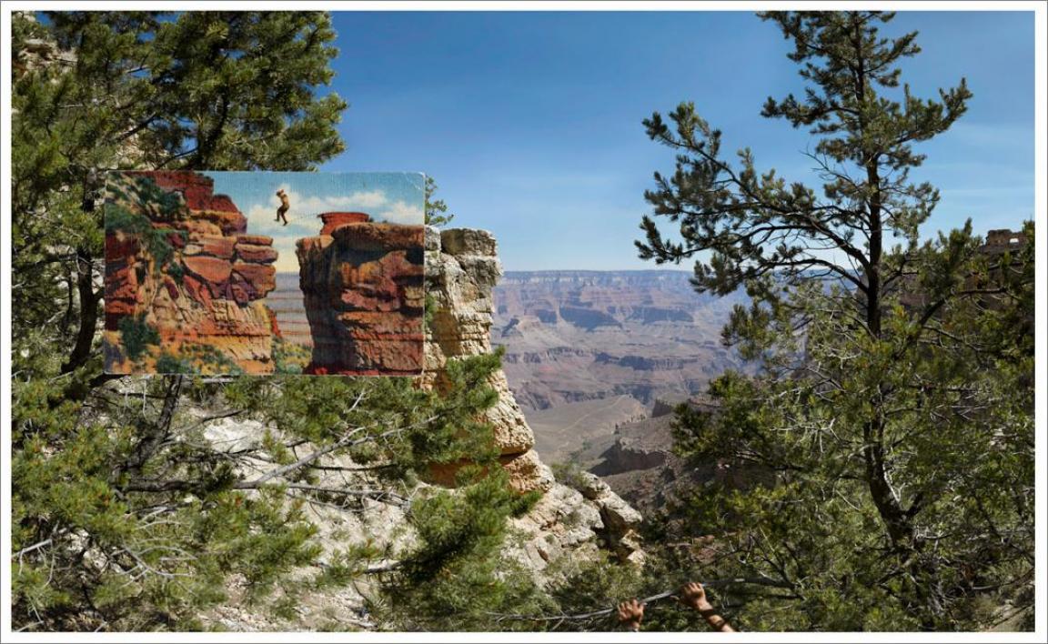 A vintage postcard overlaid on a modern photo of the Grand Canyon