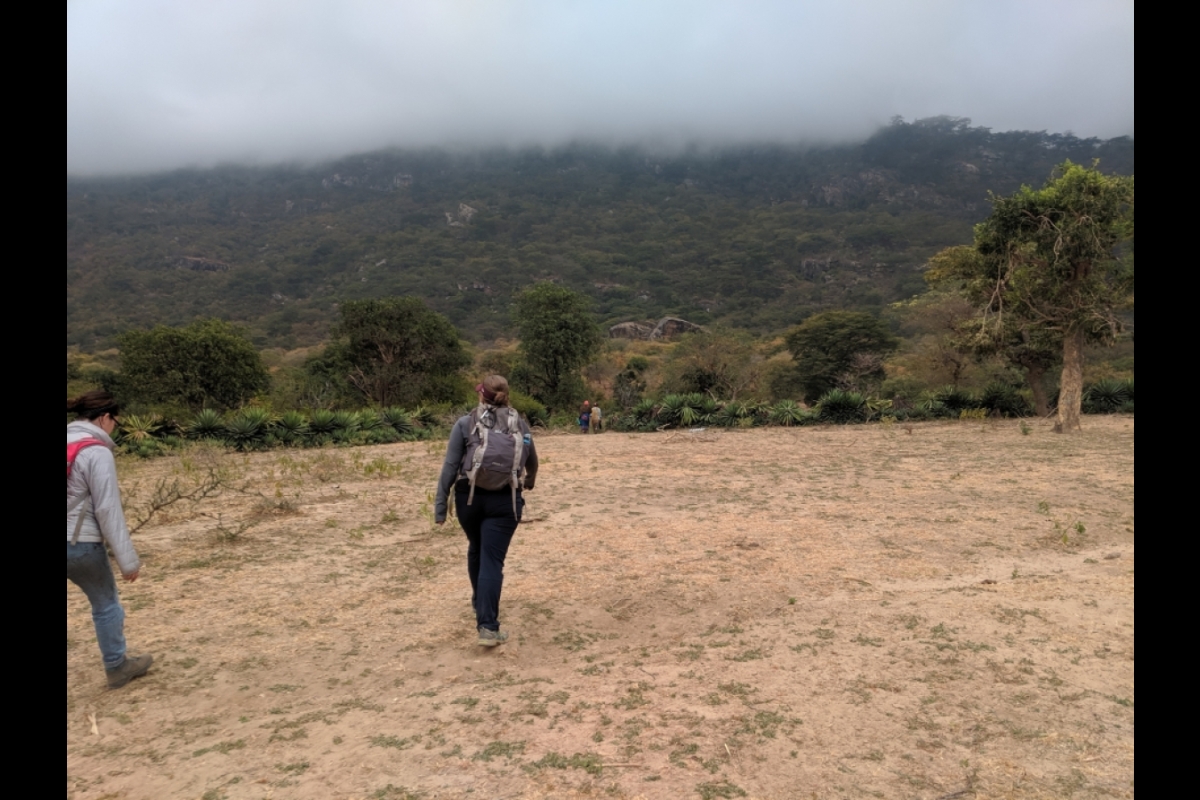 Two people walking toward green mountain in Africa