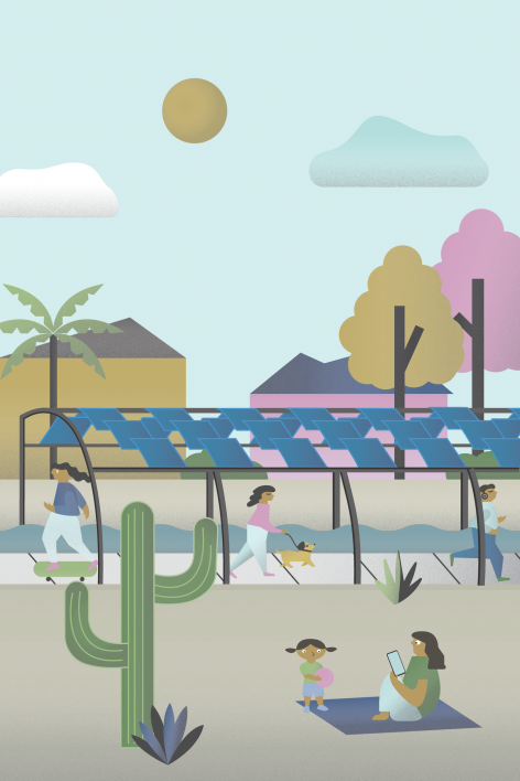 Illustration of a solar panel structure stretching over a canal, with people walking dogs, playing, and jogging on the banks of the canal.