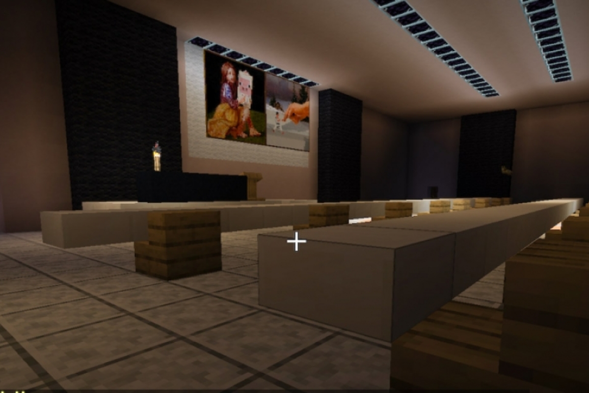 Interior of Minecraft version of Stauffer B lecture room on the Tempe ASU campus
