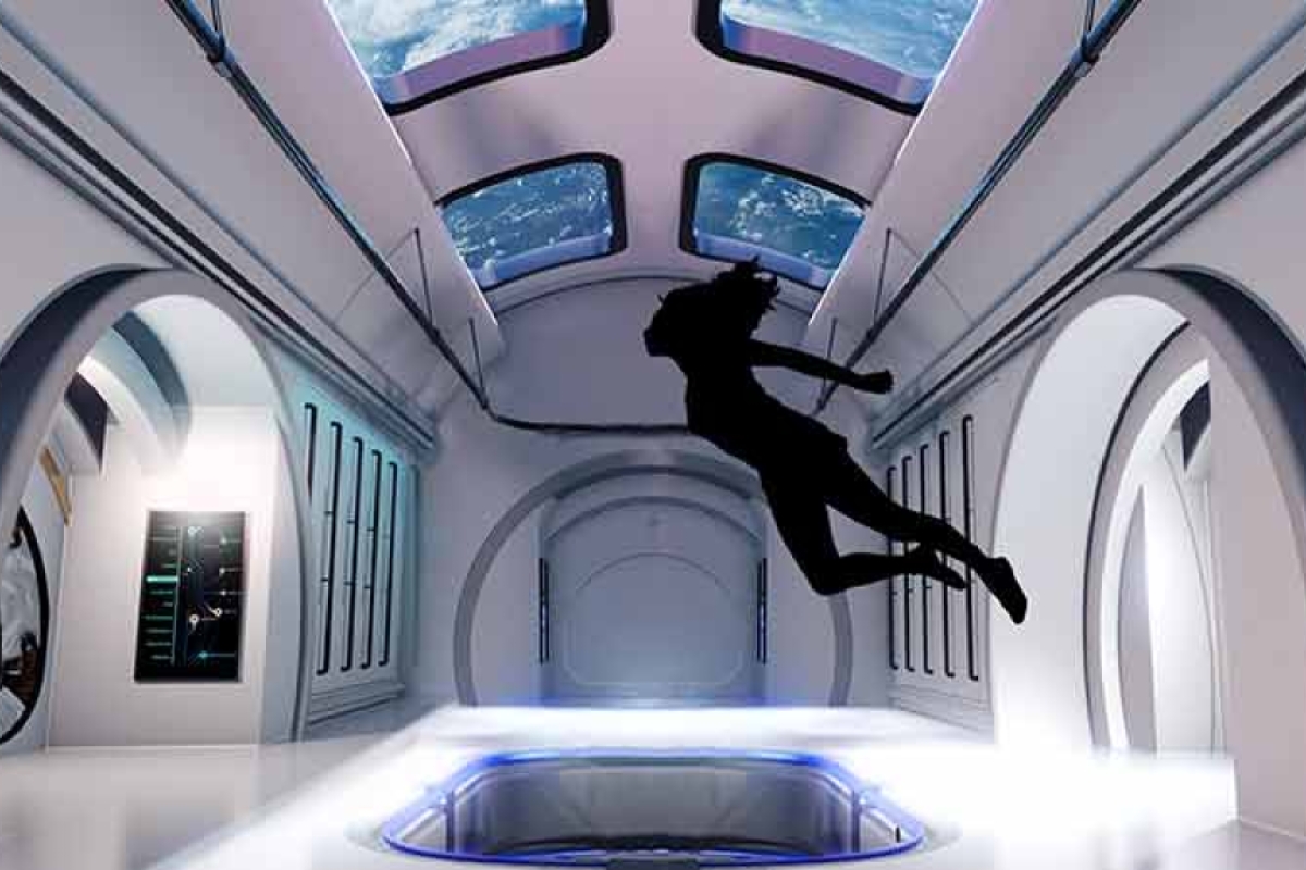 Rendering of woman floating between doorways in the main thoroughfare of Orbital Reef