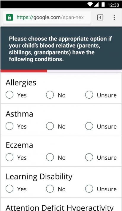 Screenshot of family medical history questions in the app