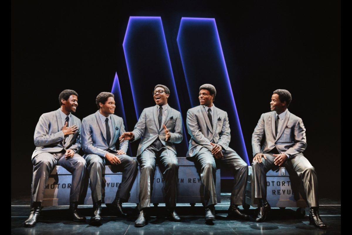 Five performers on stage in "Ain't Too Proud: The Life and Times of The Temptations"