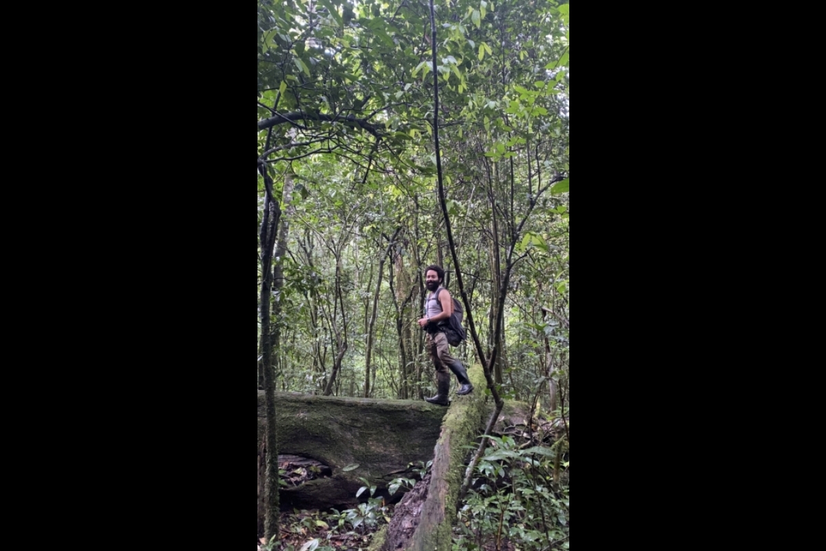 Sebastían Ramírez Amaya climbing over trees in Uganda