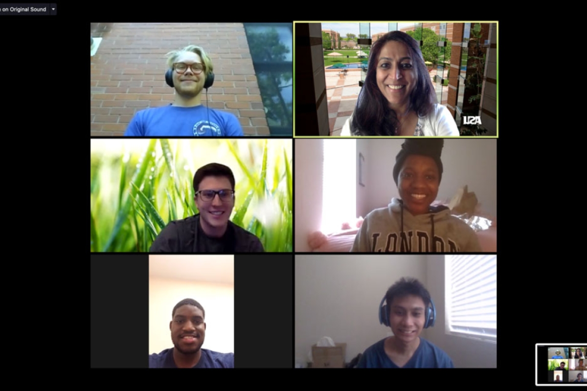 Screenshot of six people meeting on a Zoom call. 