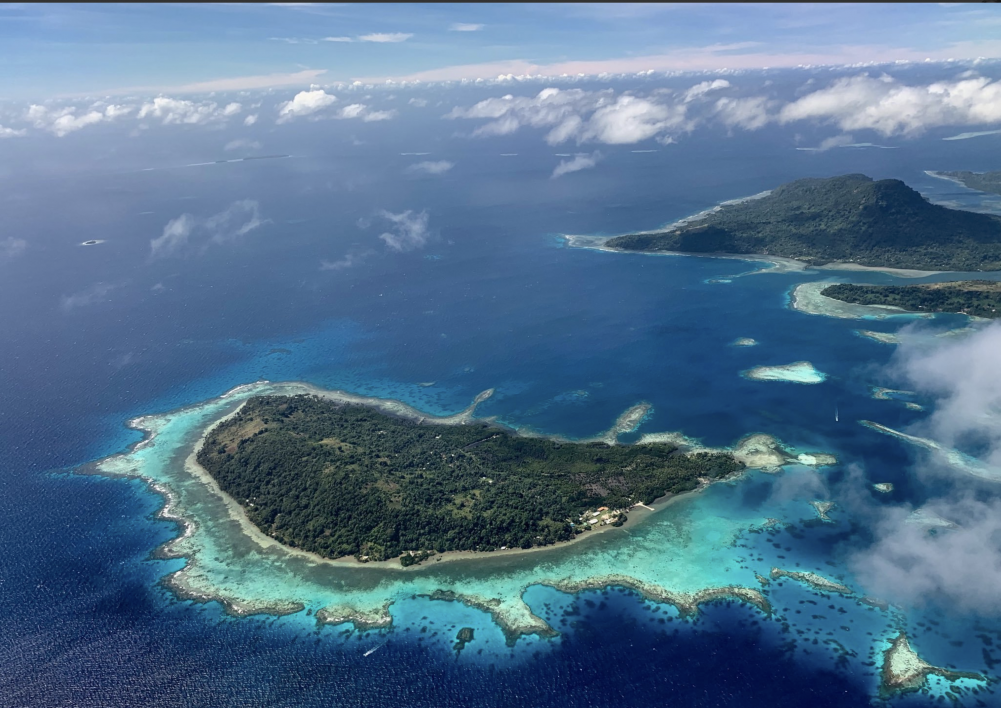An aerial photo of the Micronesian coral reefs