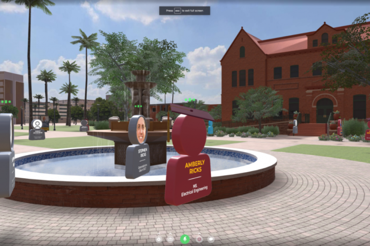 Guests mingling on the lawn of Old Main in the virtual campus created by PXL