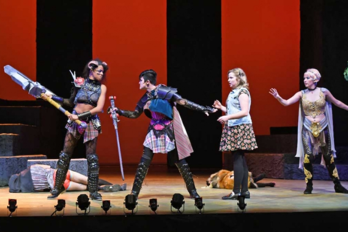 Four actors on stage in a scene from the Herberger Institute production of She Kills Monsters