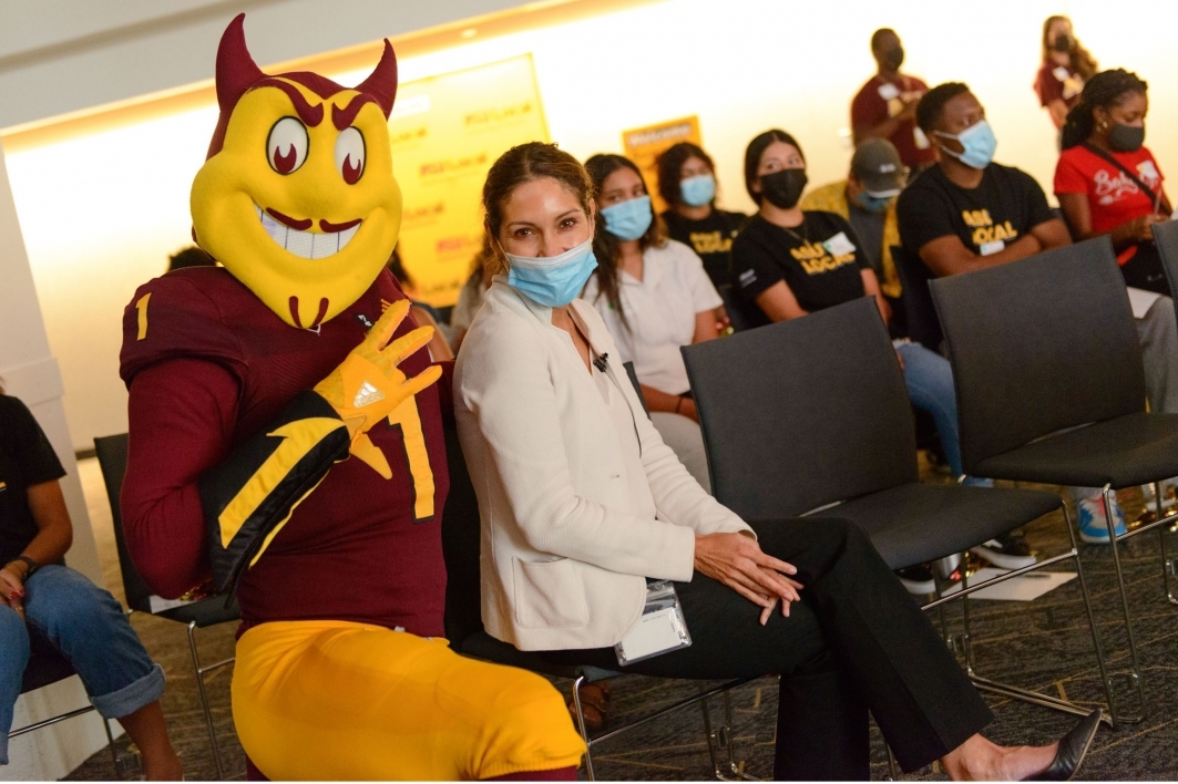 Sparky poses for pictures at welcome event inside the ASU California Center.