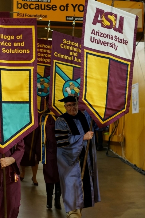 Richard Knopf leads faculty procession at ASU Watts College fall 2022 convocation.