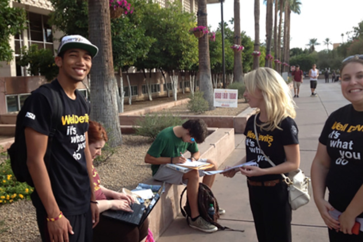 ASU students practice their interview techniques on the Tempe campus mall.