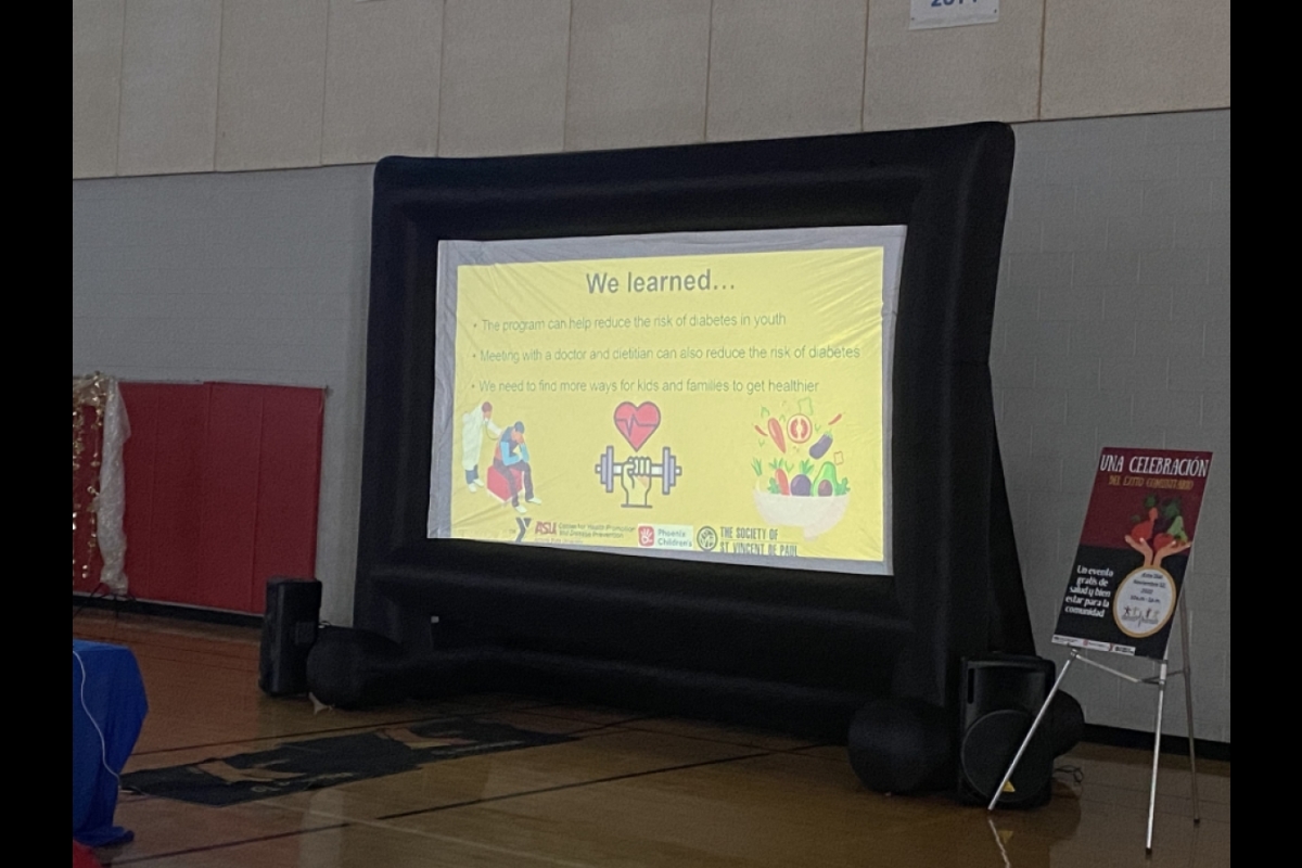 A powerpoint slide titled "what we learned" is visible on a large projector