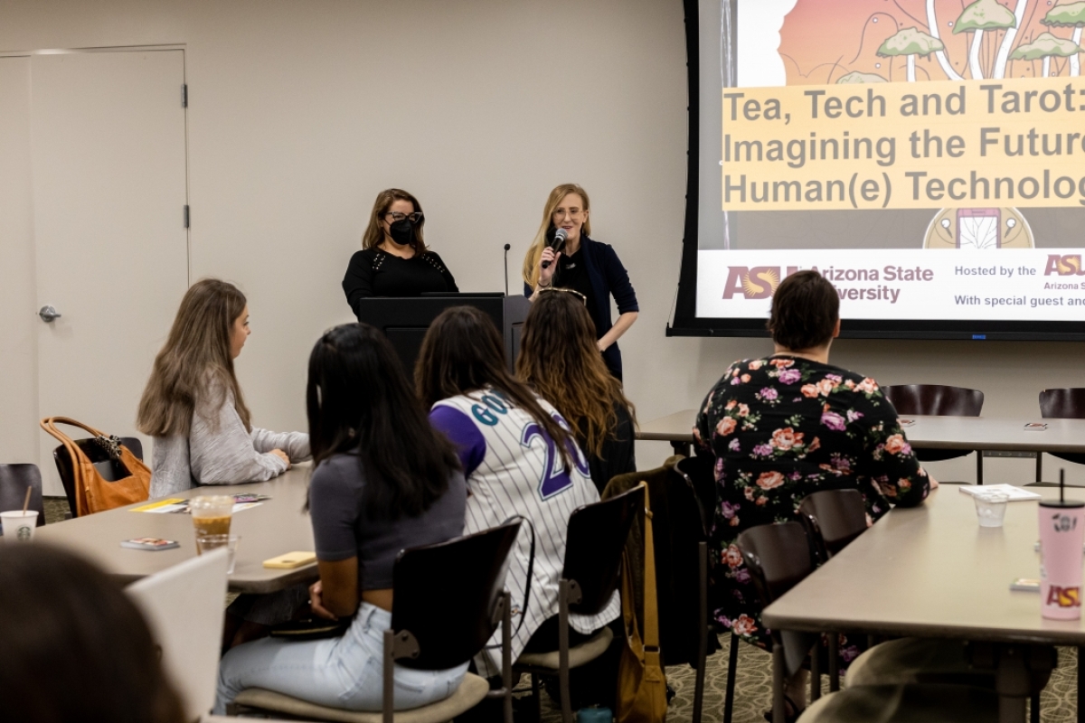 Dr. Erica O'Neil and Elizabeth Grumbach, of the Lincoln Center for Applied Ethics, presenting to a room of students and guests at Tea, Tech and Tarot.