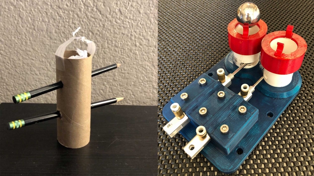 Left: a prototype of the marker dropper made from recycled materials. Right: the final version of the marker dropper.