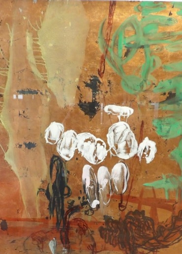Abstract painting with brown, green, white and black brush strokes