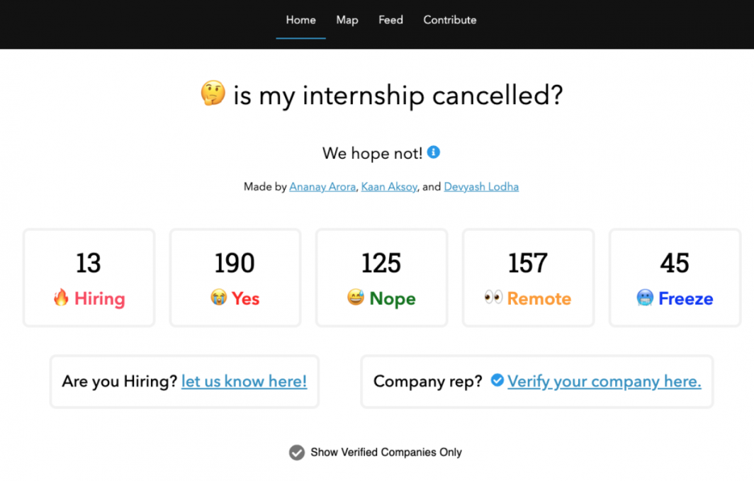 A screenshot of the website ismyinternshipcancelled.com.