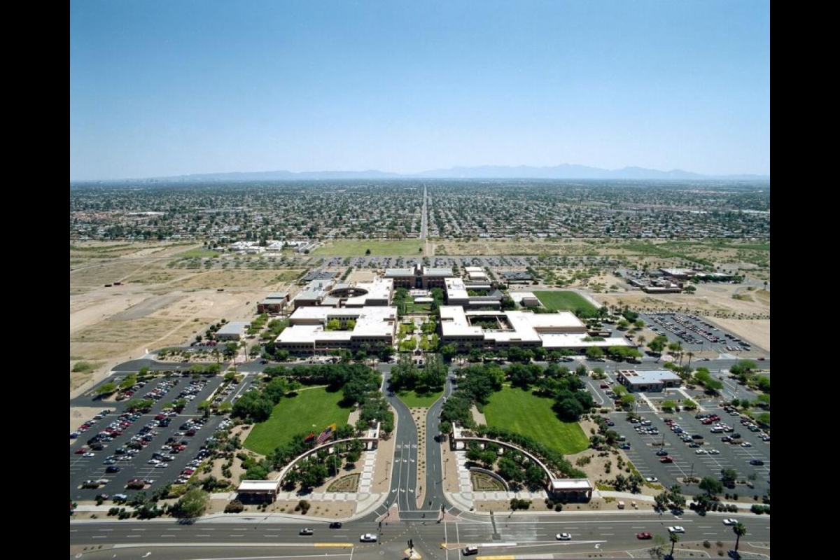 aerial shot of college campus