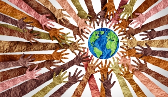 Illustration of many different colored hands reaching toward the Earth.
