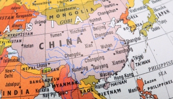 Close-up of a globe showing the region surrounding Asia.