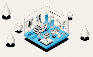 An illustration of a lab with scientists working on solar panels and batteries and an electric car