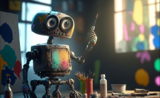 Robot holding a paint brush surrounded by art supplies.
