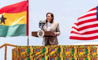 US Vice President Kamala Harris speaking in Africa behind lectern