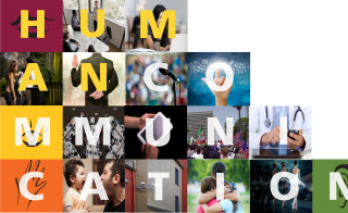 Collage of photos of various people over which the letters that spell out "communication" are superimposed.