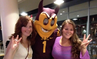 Josie Lamp and Megan Hiestand with ASU mascot Sparky
