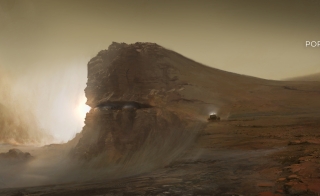 A scene from the game Port of Mars showing a mountain and desert-like landscape. 