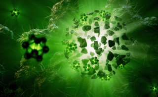 An image depicting green virus cells.