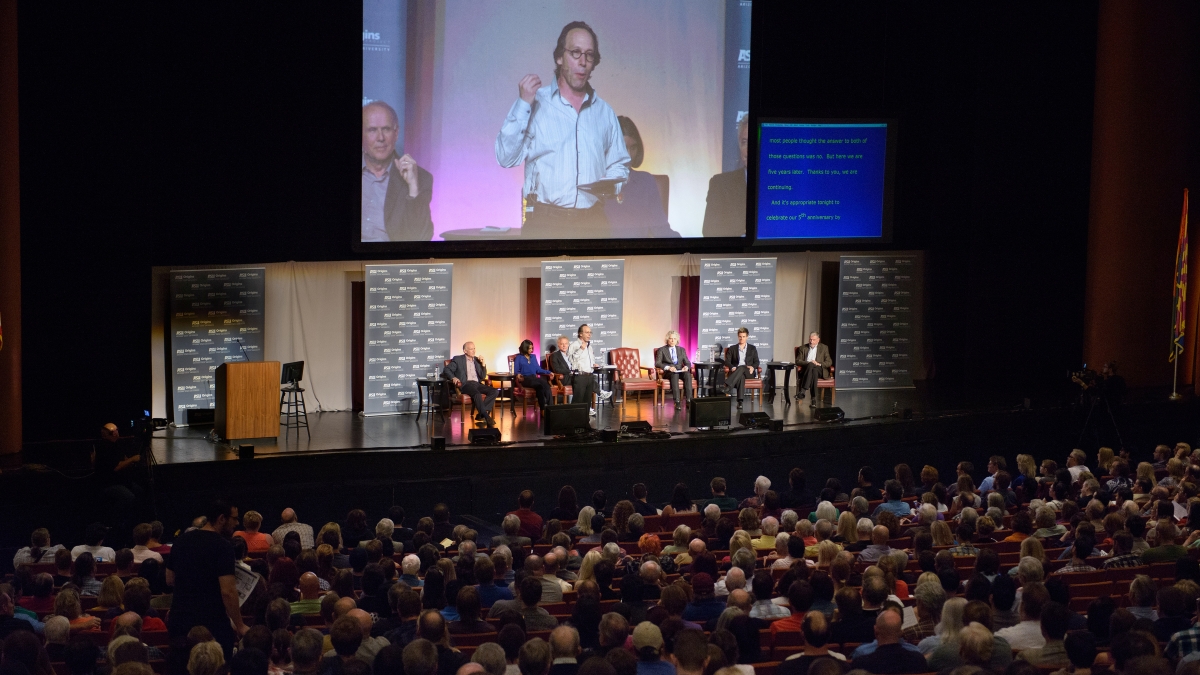 Lawrence Krauss on project screen during Origins Great Debate event