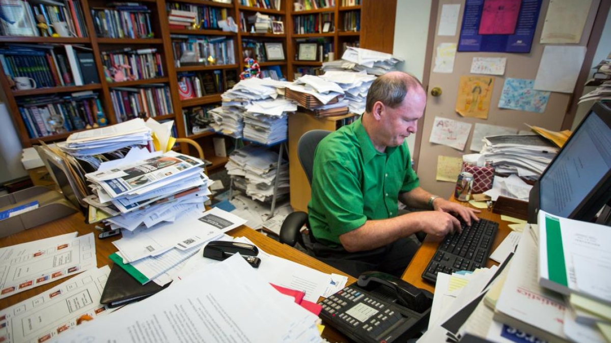 Law Prof Marchant works in his old office