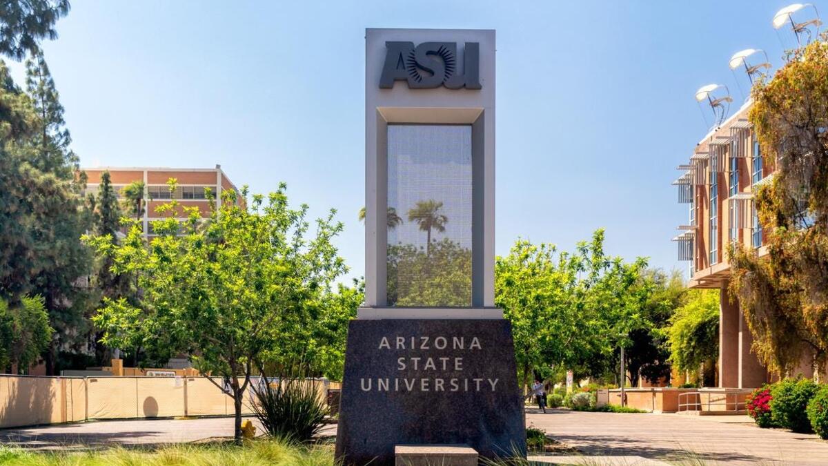 A picture of large structure featuring the words "Arizona State University" on ASU's Tempe campus.