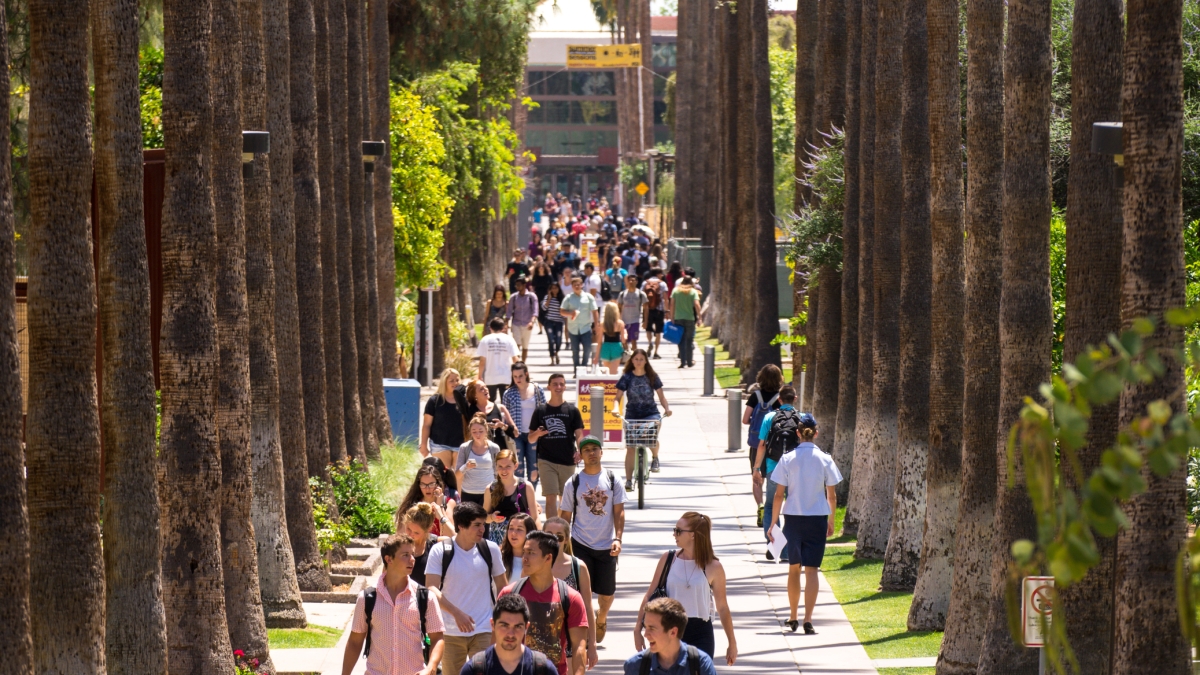 Students walk down Palm Walk