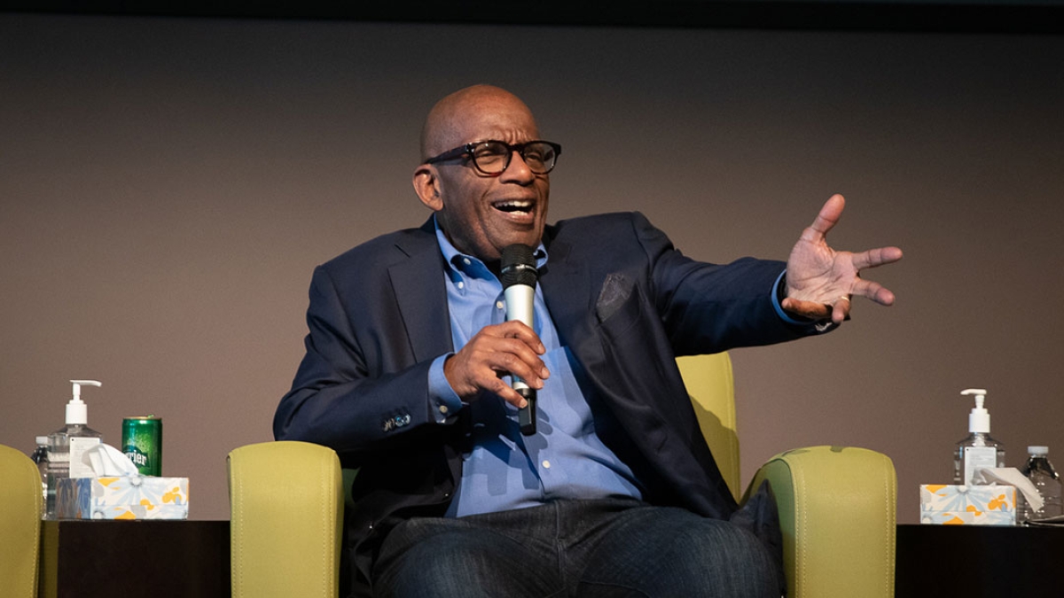 Al Roker speaking during student Q&A.