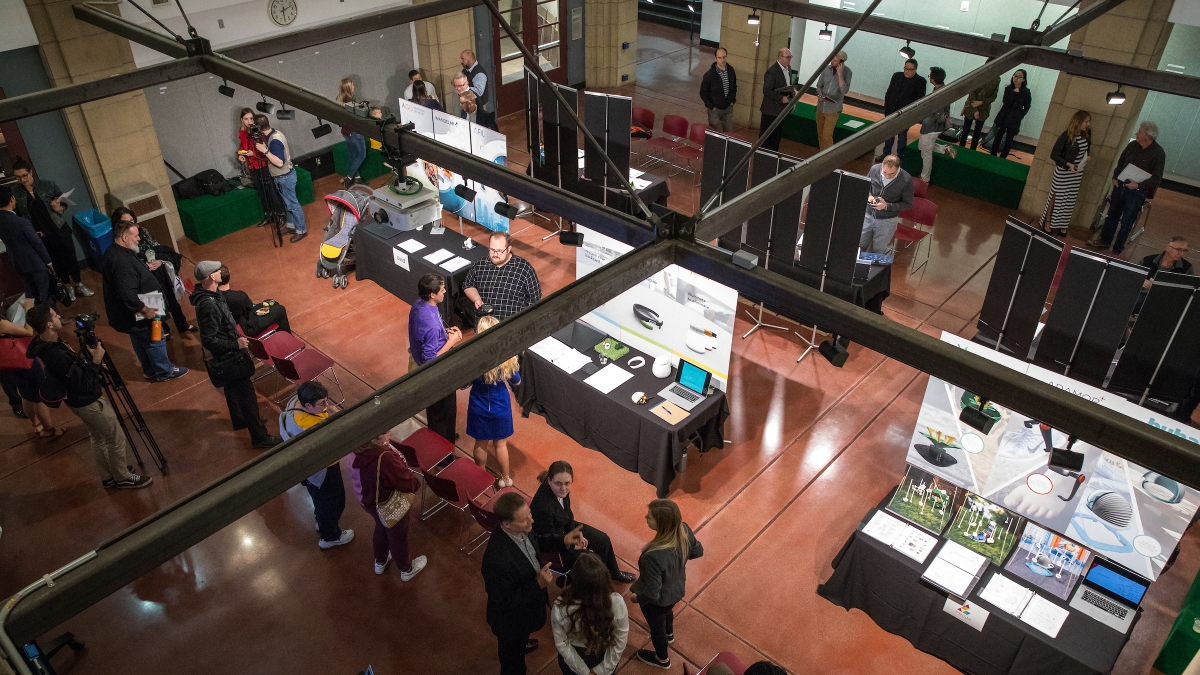 view of exhibit floor showcasing ASU student projects
